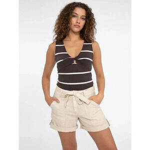Sanctuary Striped Tank Top Large Brown White V-Neck Twist Front Cutout NWT